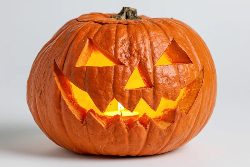Carved pumpkin with jagged grin lit from within on white background