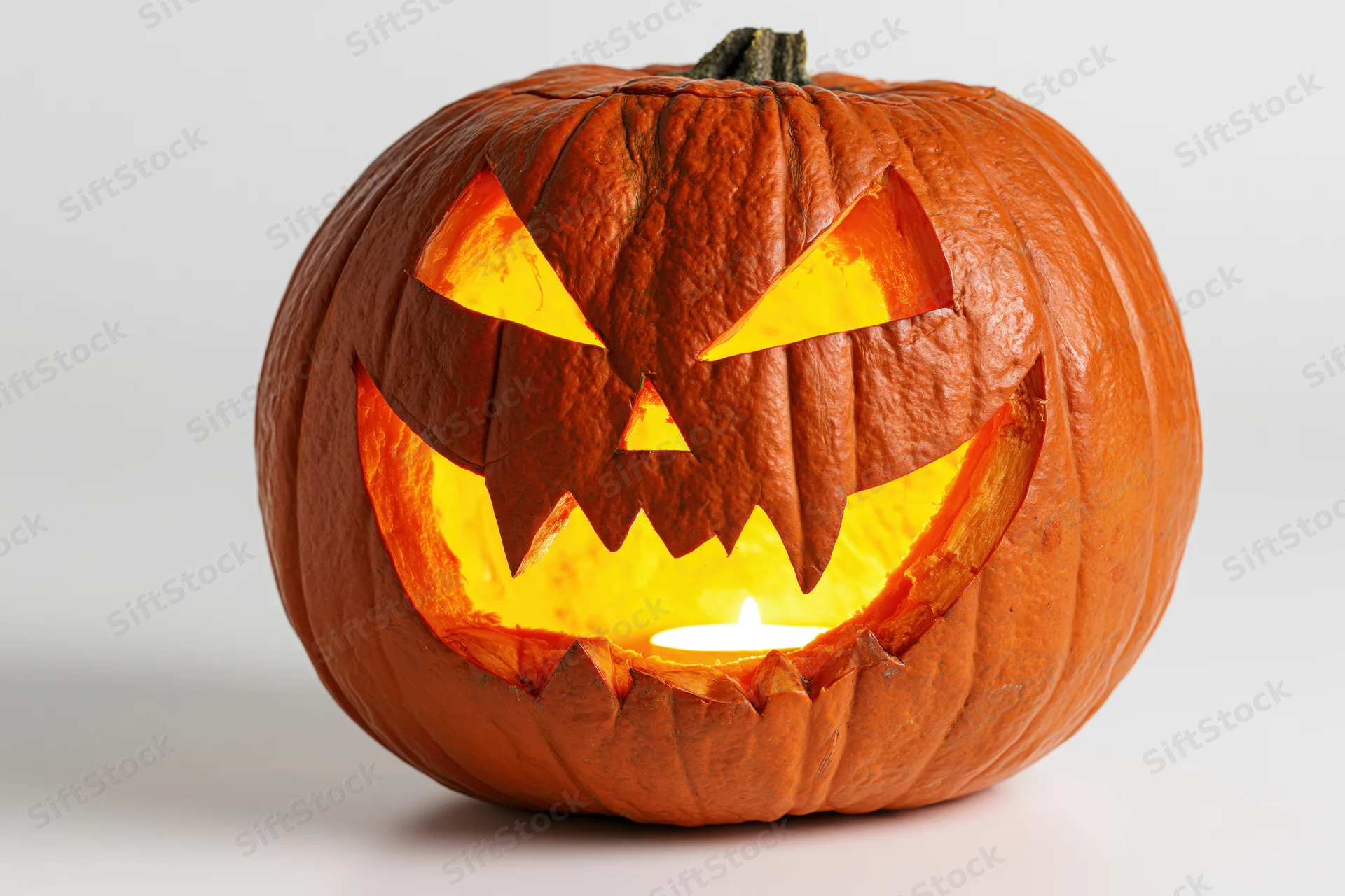Carved pumpkin with jagged grin and glowing eyes lit by candle on white background
