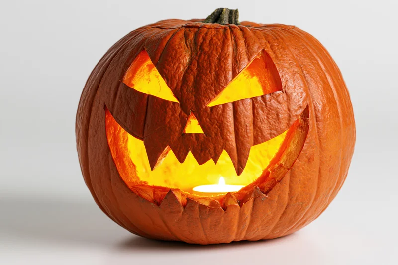 Carved pumpkin with jagged grin and glowing eyes lit by candle on white background