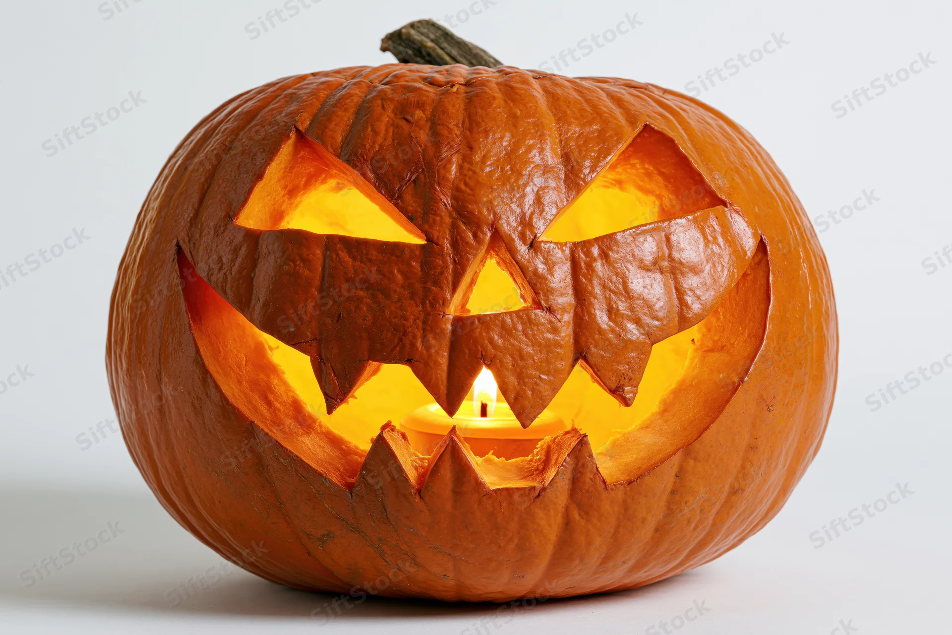 Carved pumpkin with jagged grin and glowing eyes lit from within on white background