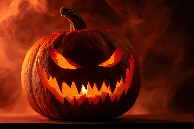 Carved pumpkin with jagged face glowing from within, surrounded by smoke in dark setting