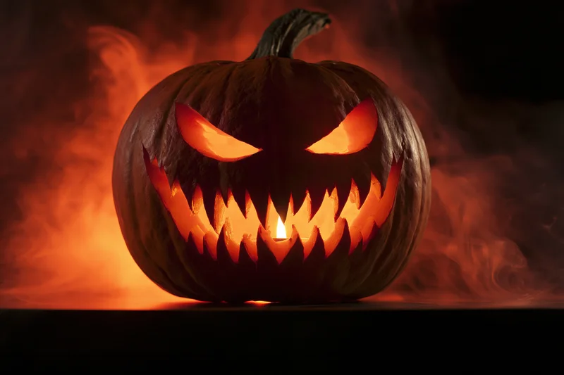 Carved pumpkin with jagged face glowing from inside in dark smoky setting