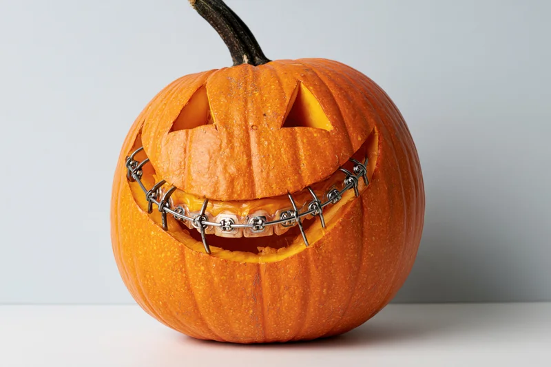 Carved pumpkin with dental braces on its mouth, isolated on white background