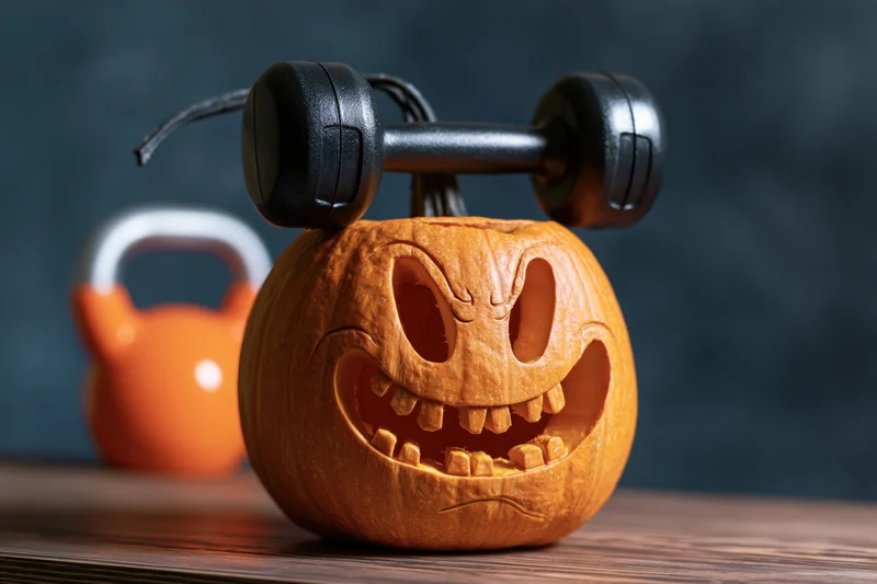 Carved halloween pumpkin with dumbbell balanced on top on wooden table