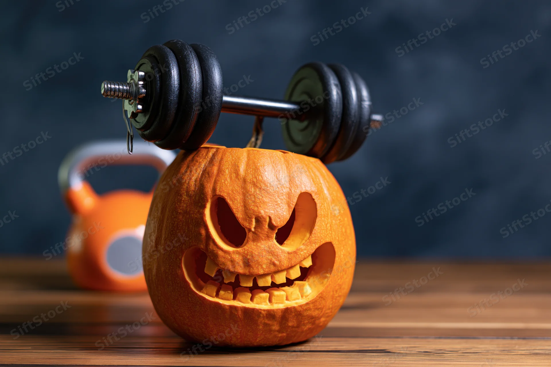 Carved halloween pumpkin with dumbbell balanced on top on wooden table