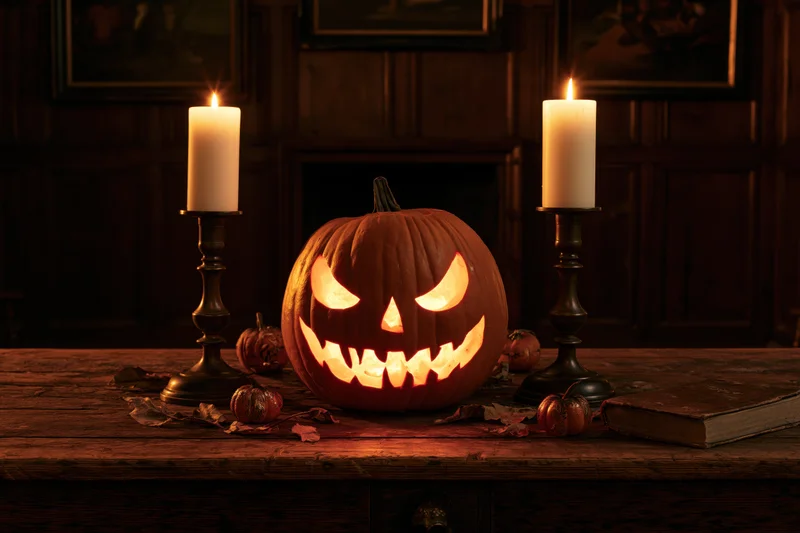 Carved jack-o-lantern glowing on wooden table flanked by candles near fireplace