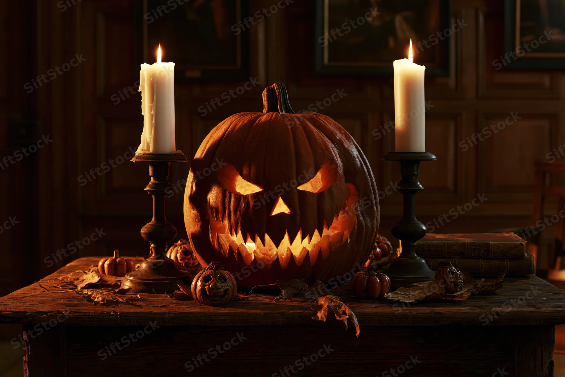 Carved jack-o-lantern glowing on wooden table flanked by lit candles and autumn decor