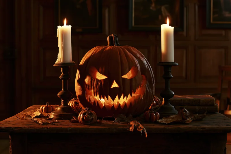 Carved jack-o-lantern glowing on wooden table flanked by lit candles and autumn decor