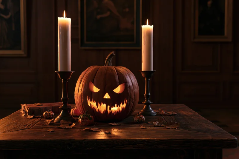 Carved jack-o-lantern glowing on wooden table flanked by lit candles