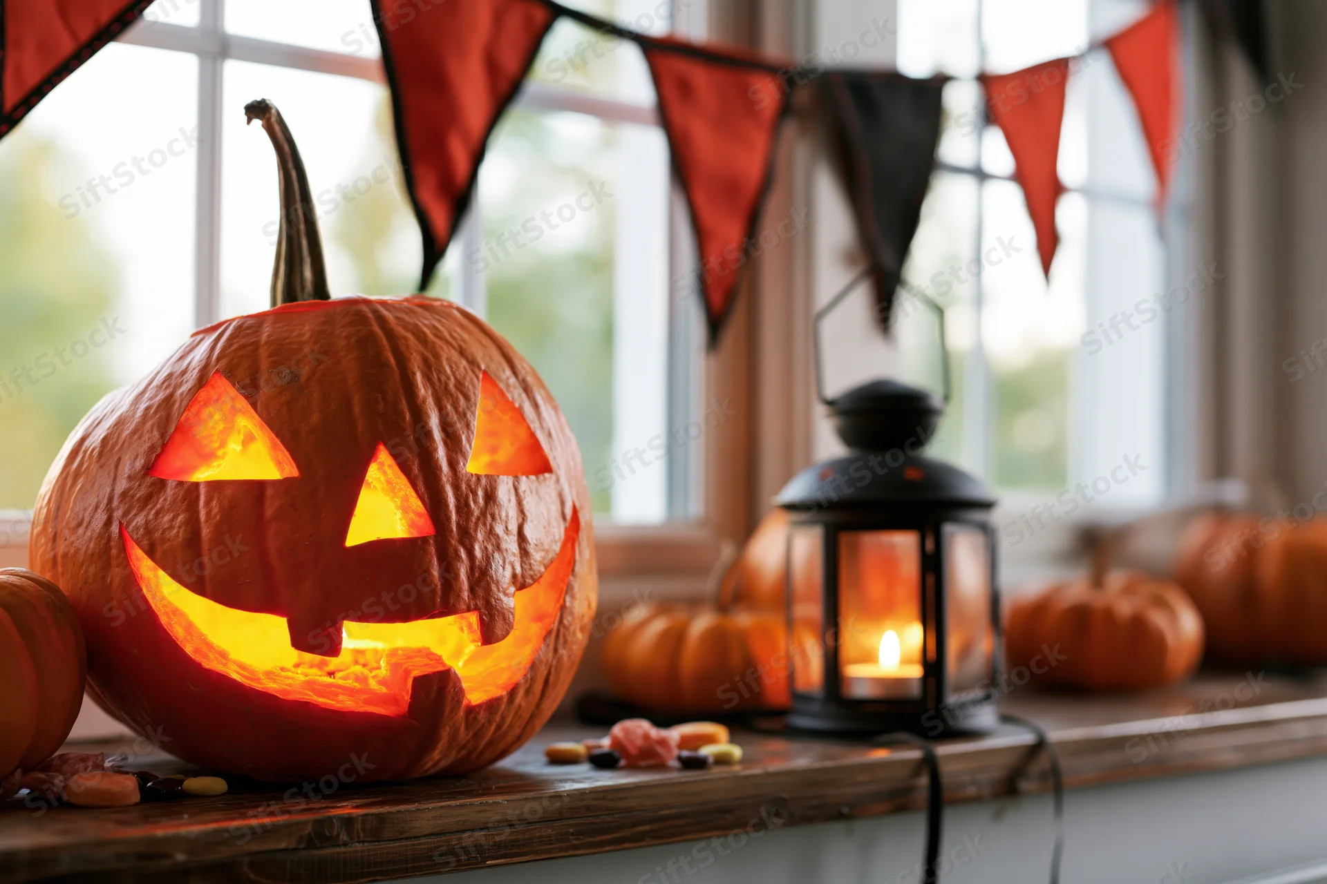 Carved jack-o-lantern glowing on wooden windowsill with lantern and candy surrounded by pumpkins and bunting