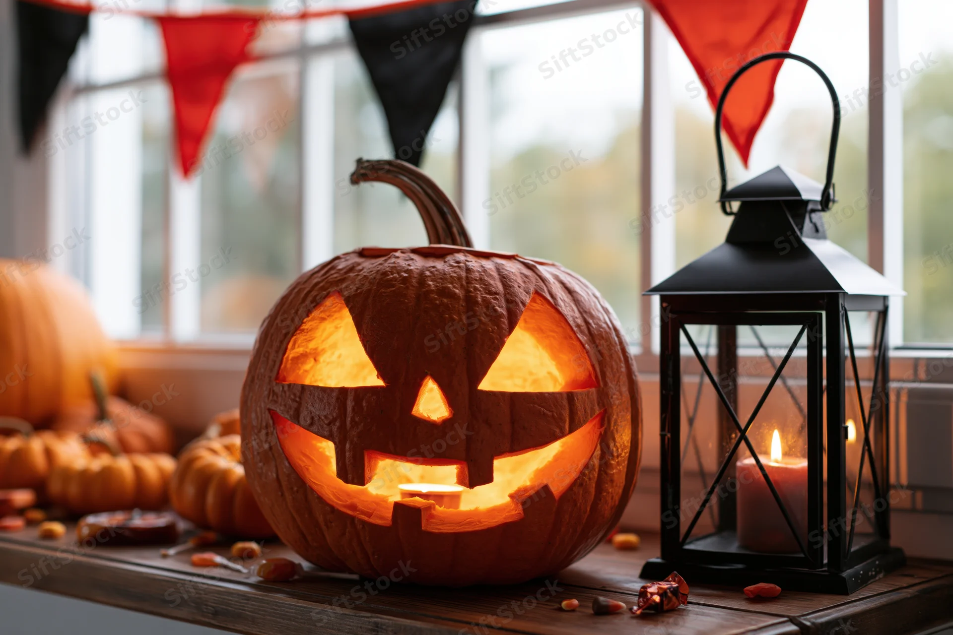 Carved jack-o-lantern glowing on wooden windowsill beside black lantern with candle, surrounded by pumpkins and halloween decorations