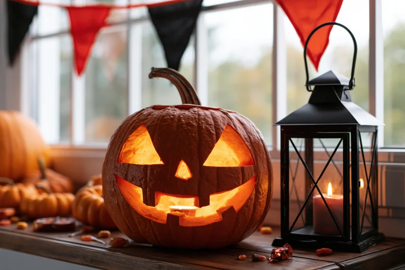 Carved jack-o-lantern glowing on wooden windowsill beside black lantern with candle, surrounded by pumpkins and halloween decorations