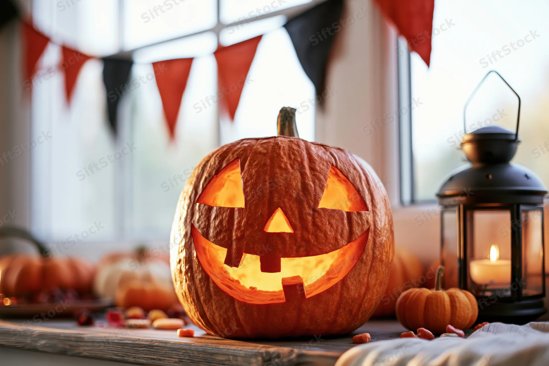 Carved jack-o-lantern glowing on wooden windowsill with lantern and bunting