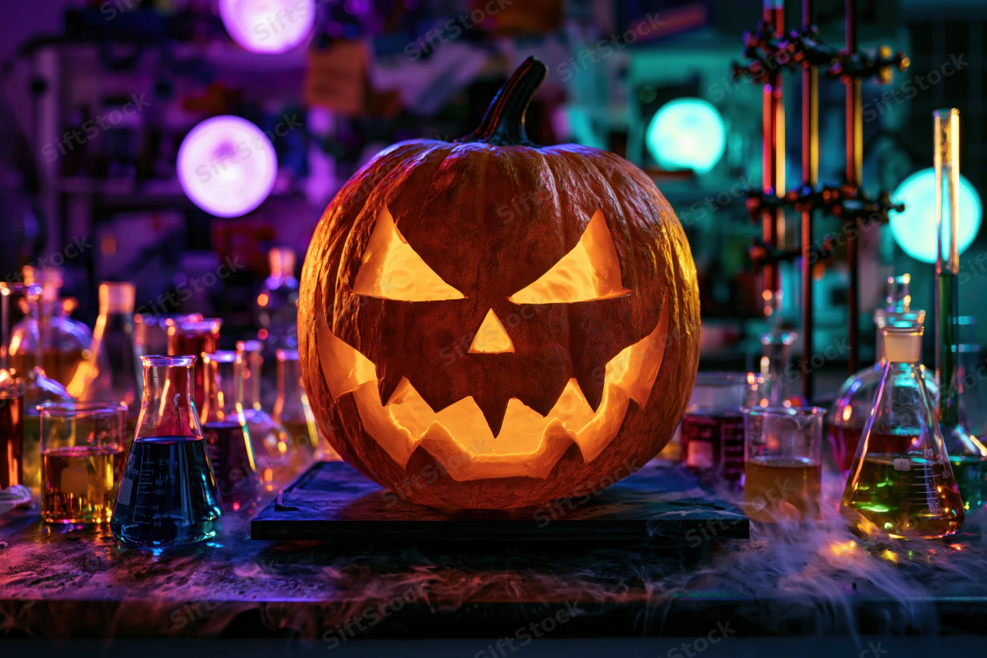 Carved jack-o-lantern glowing on a dark laboratory bench surrounded by beakers and flasks