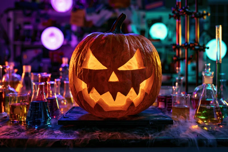 Carved jack-o-lantern glowing on a dark laboratory bench surrounded by beakers and flasks