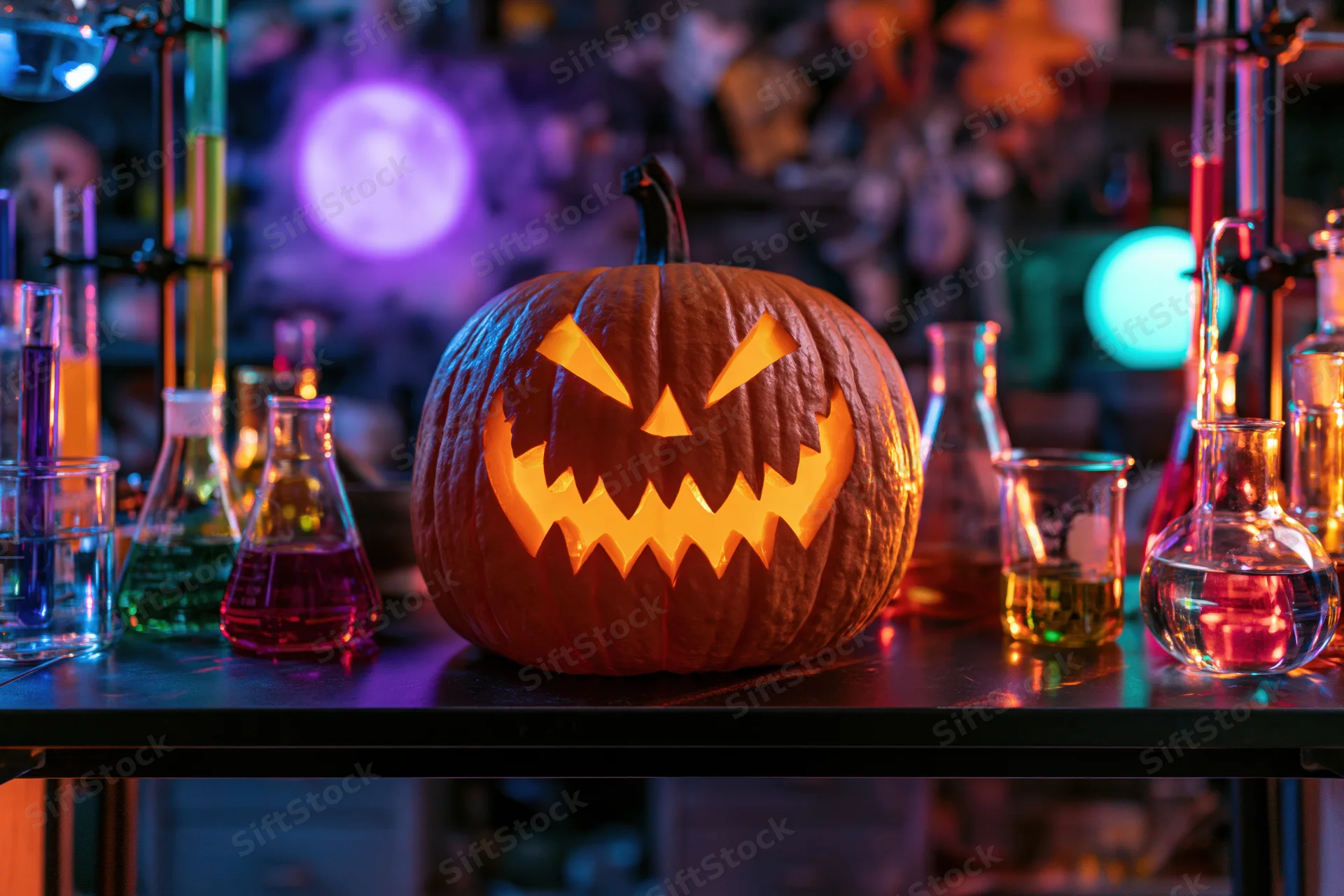 Carved jack-o-lantern glowing on a dark laboratory bench surrounded by colorful chemical glassware