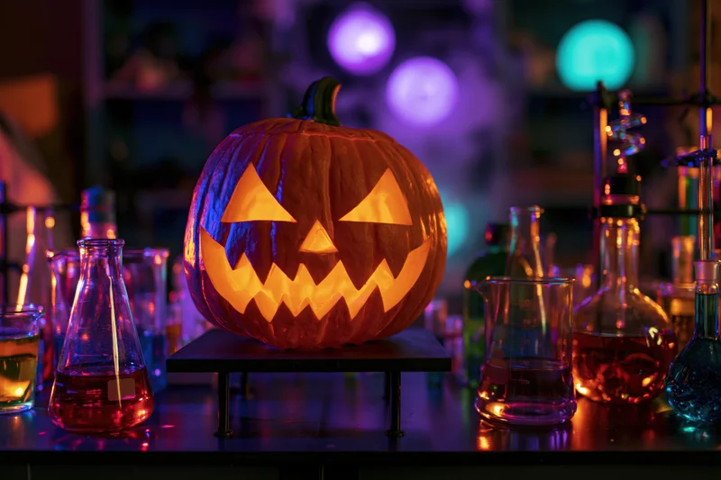 Carved jack-o-lantern glowing on a laboratory bench surrounded by beakers and flasks