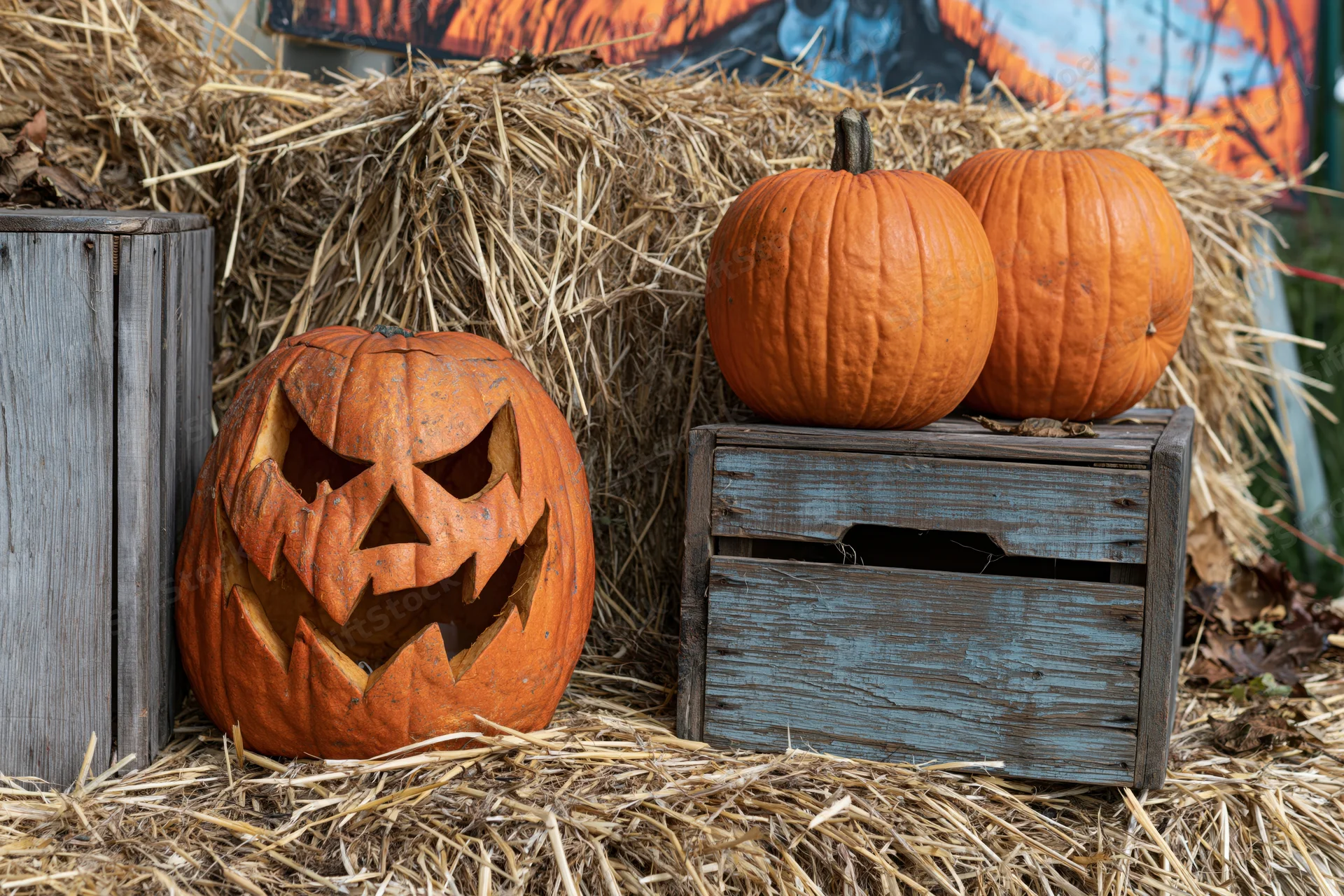 Carved jack-o-lantern with jagged grin resting on hay beside wooden crates and pumpkins