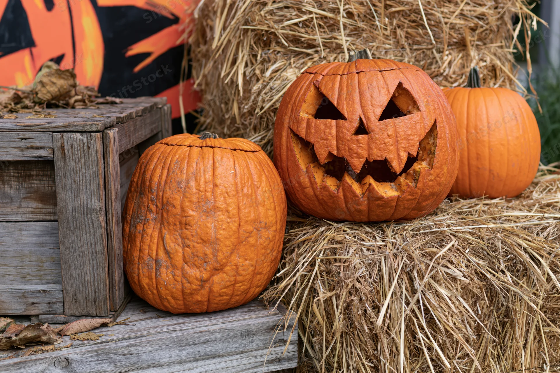 Carved jack-o-lantern with jagged grin resting on hay bales beside a wooden crate