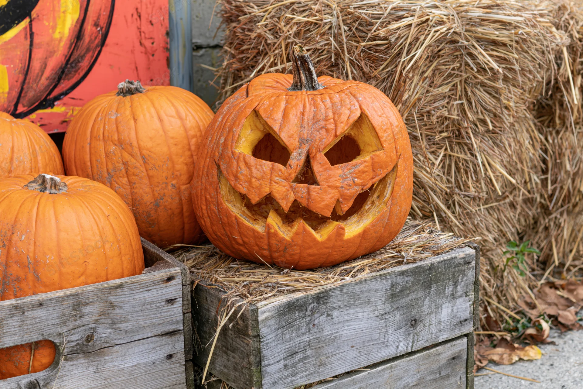 Carved jack-o-lantern with jagged grin sitting on hay in wooden crate beside pumpkins and hay bale