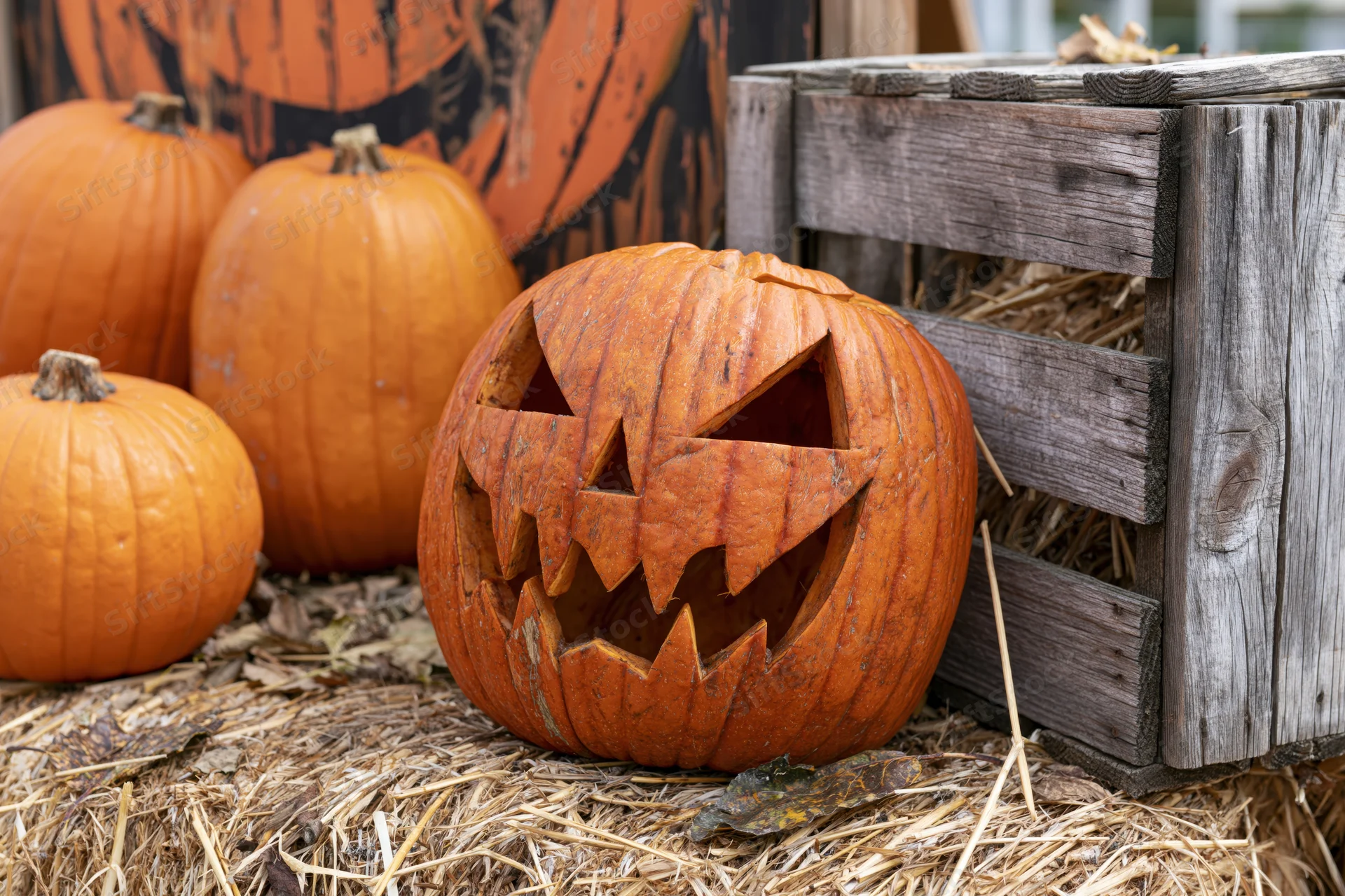 Carved jack-o-lantern with jagged grinning face resting on hay beside a wooden crate