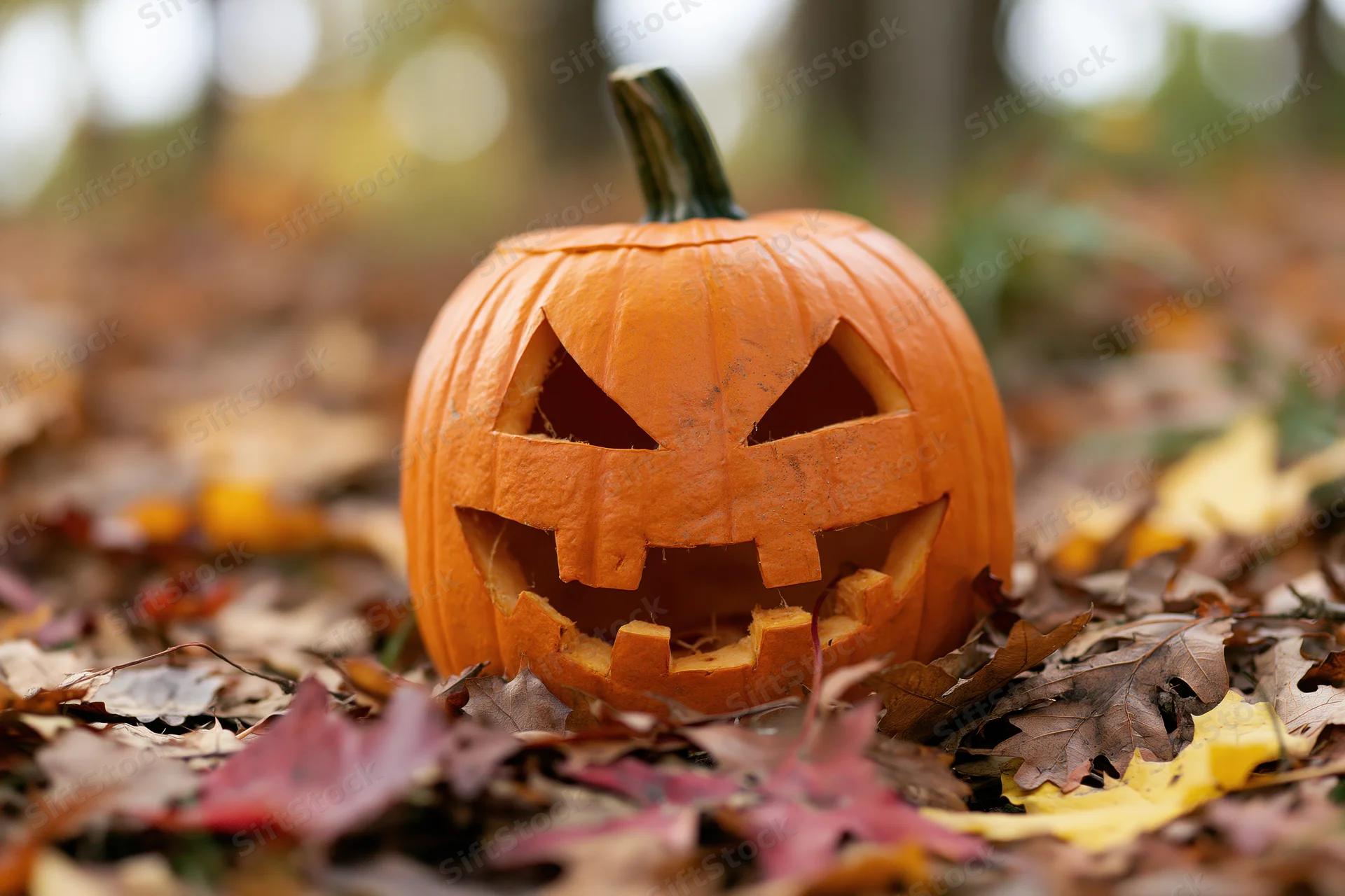 Carved jack-o-lantern with jagged eyes and uneven grin resting on fallen autumn leaves in a forest