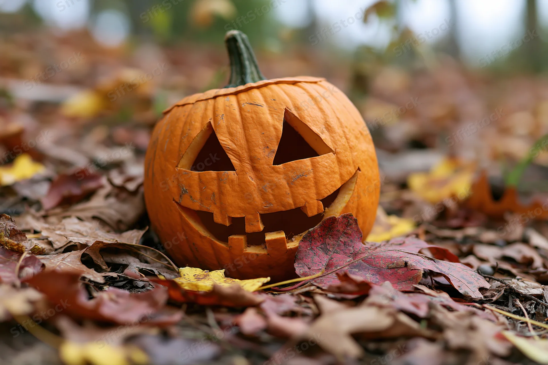 Carved jack-o-lantern resting on a bed of fallen autumn leaves in a forest setting