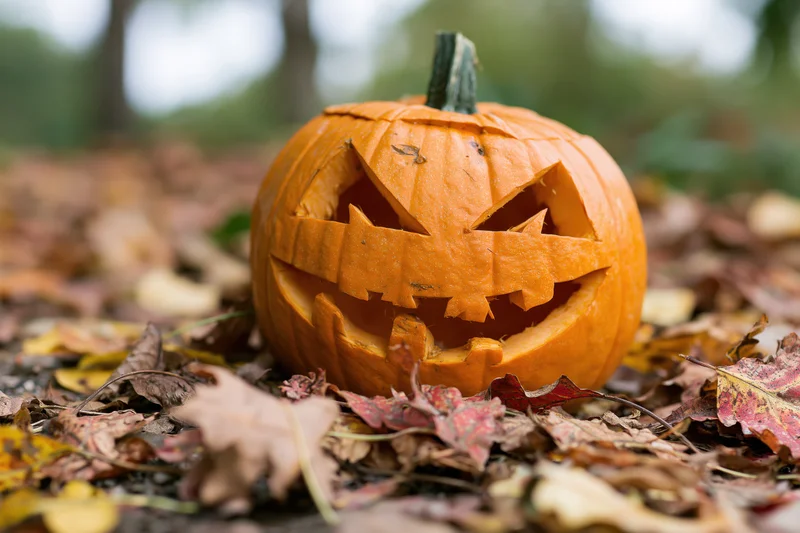 Carved jack-o-lantern with jagged eyes and uneven grin resting on fallen autumn leaves in a forest setting