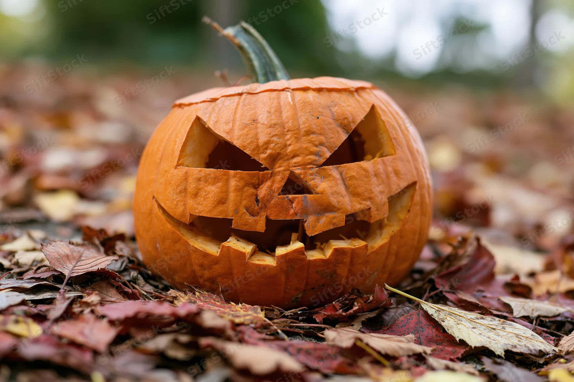 Carved jack-o-lantern with jagged eyes and uneven grin resting on a bed of fallen autumn leaves outdoors