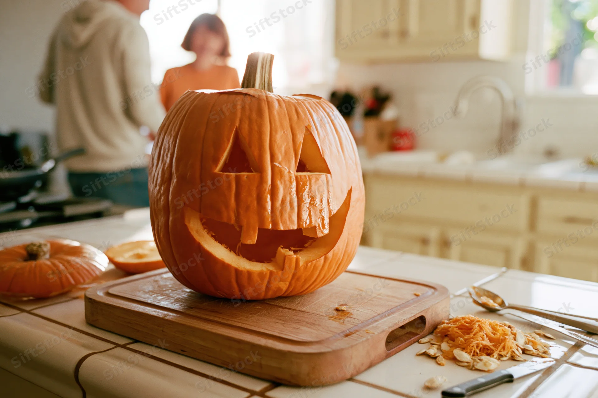 Carved jack-o-lantern on wooden cutting board in kitchen with couple in background