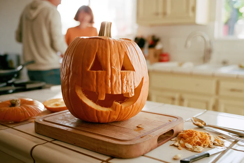 Carved jack-o-lantern on wooden cutting board in kitchen with couple in background