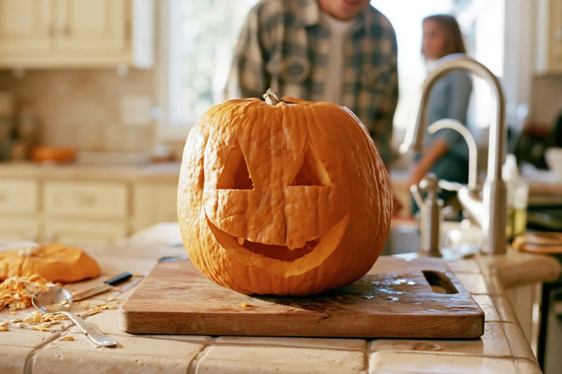 Carved jack-o-lantern on wooden cutting board in kitchen with family in background