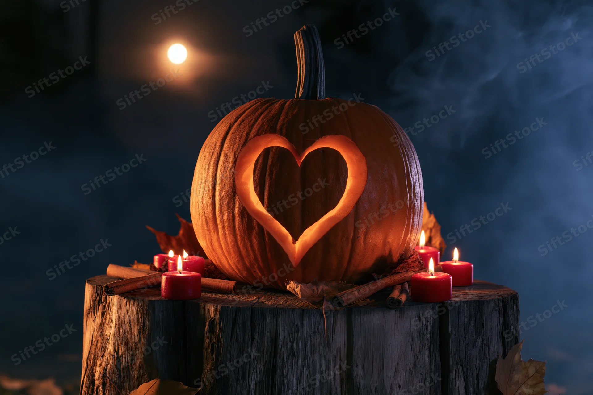 Carved pumpkin with heart design on wooden stump surrounded by candles and autumn leaves at night