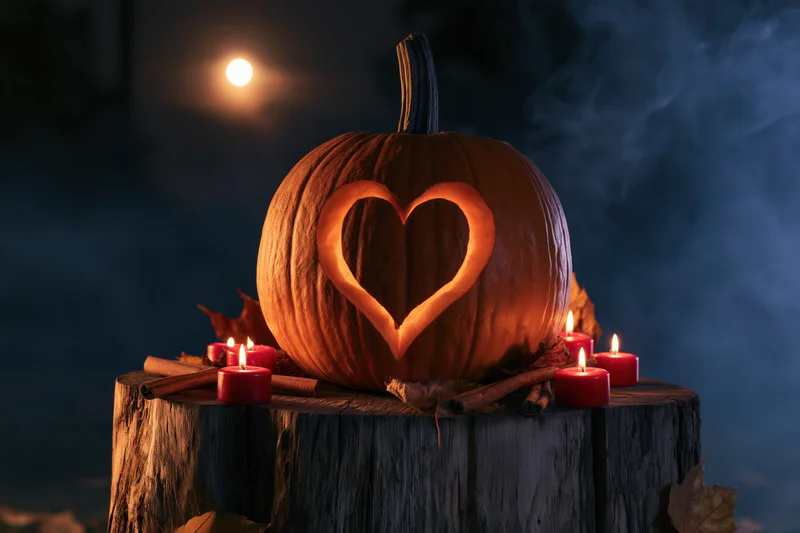 Carved pumpkin with heart design on wooden stump surrounded by candles and autumn leaves at night