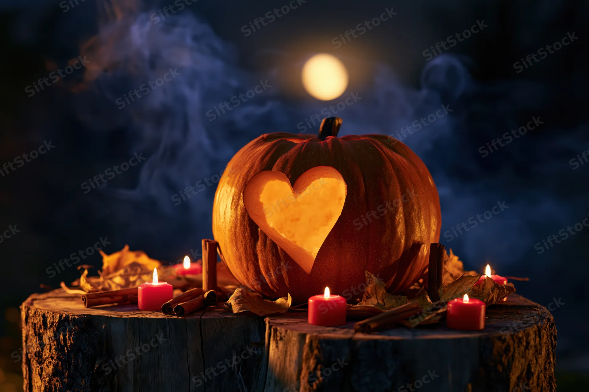 Carved pumpkin with heart design on wooden stump surrounded by candles and autumn leaves at night