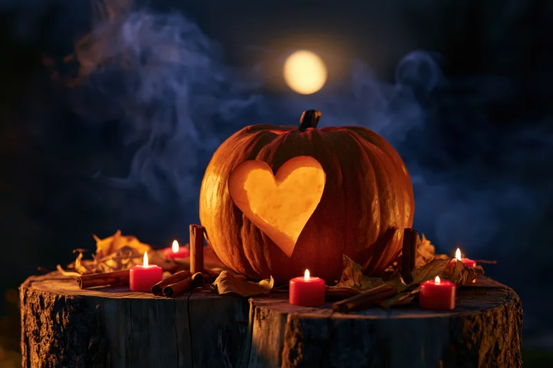Carved pumpkin with heart design on wooden stump surrounded by candles and autumn leaves at night