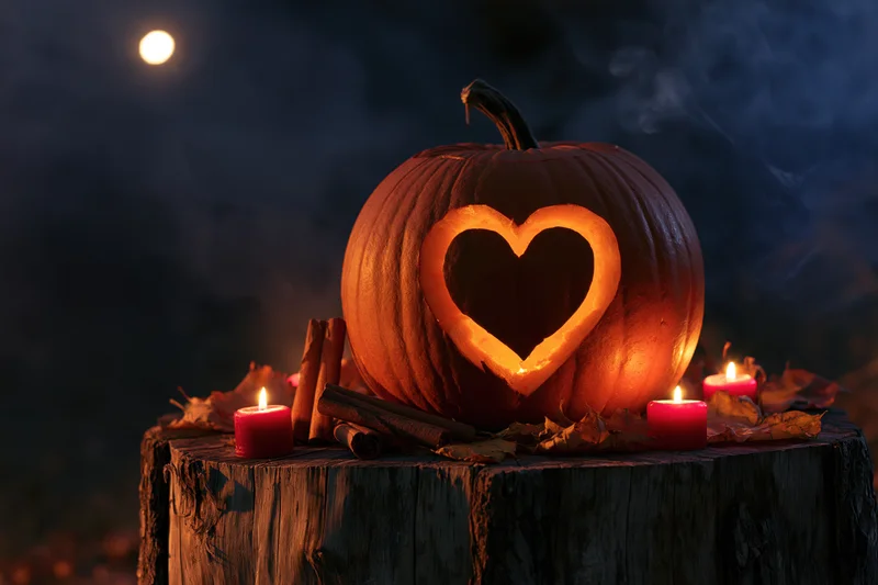 Carved pumpkin with heart design on wooden stump at night with candles and autumn leaves