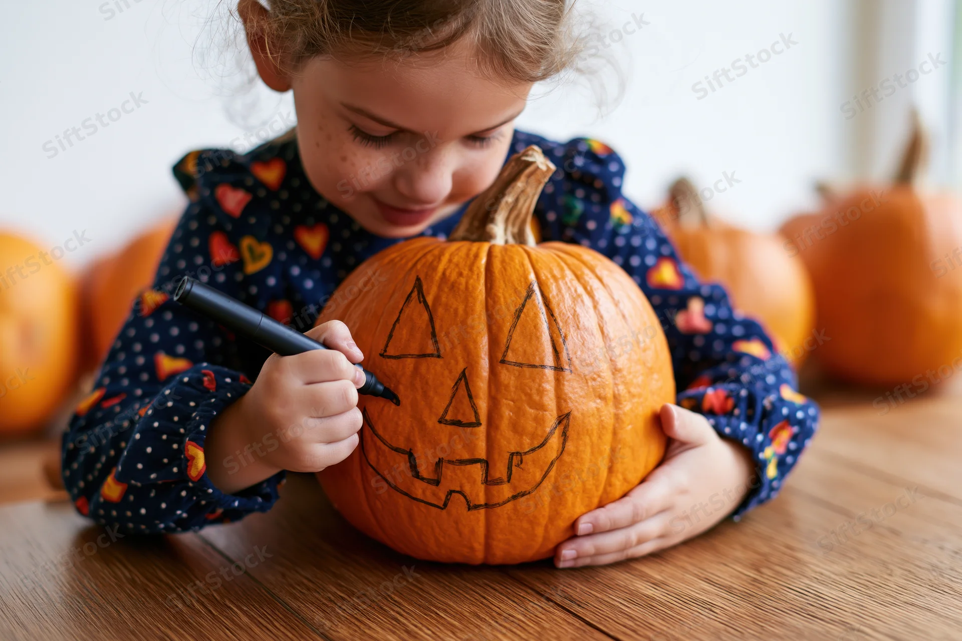 Young girl drawing a jack-o-lantern face on an orange pumpkin at a wooden table