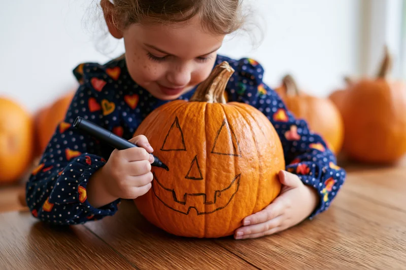 Young girl drawing a jack-o-lantern face on an orange pumpkin at a wooden table