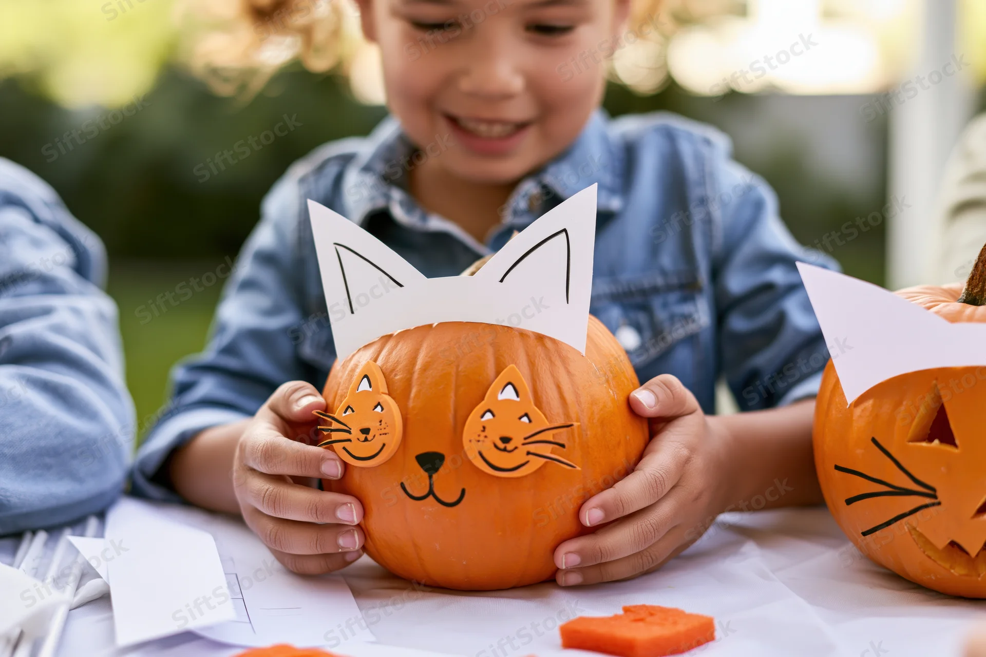 Child holding a pumpkin decorated with cat ears and face stickers at an outdoor table
