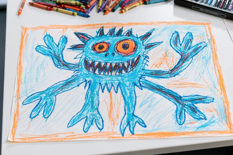 Child's crayon drawing of a blue monster with multiple arms on white paper