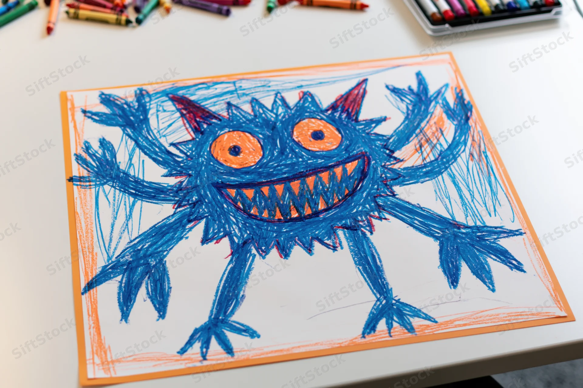 Child's crayon drawing of a blue monster with multiple arms on white paper on table