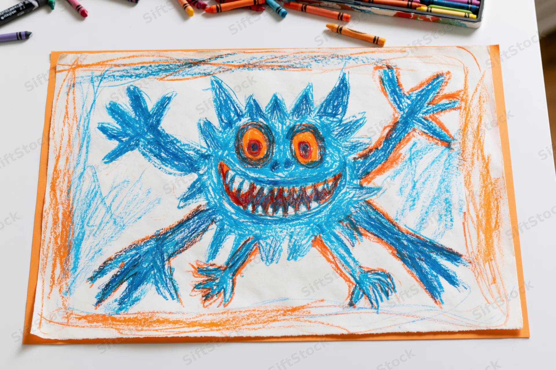 Child's crayon drawing of a blue monster with multiple arms on white paper