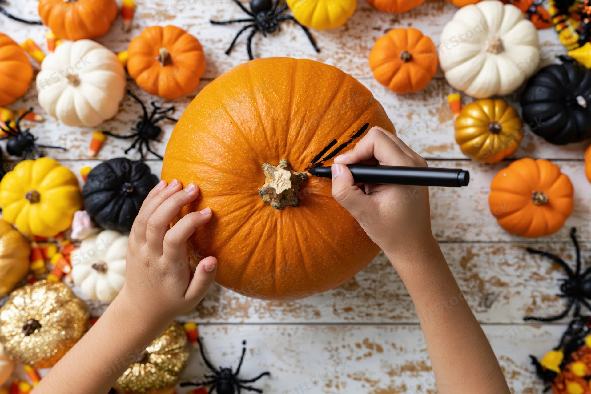 Child’s hands drawing on a pumpkin with a black marker on a decorated wooden table