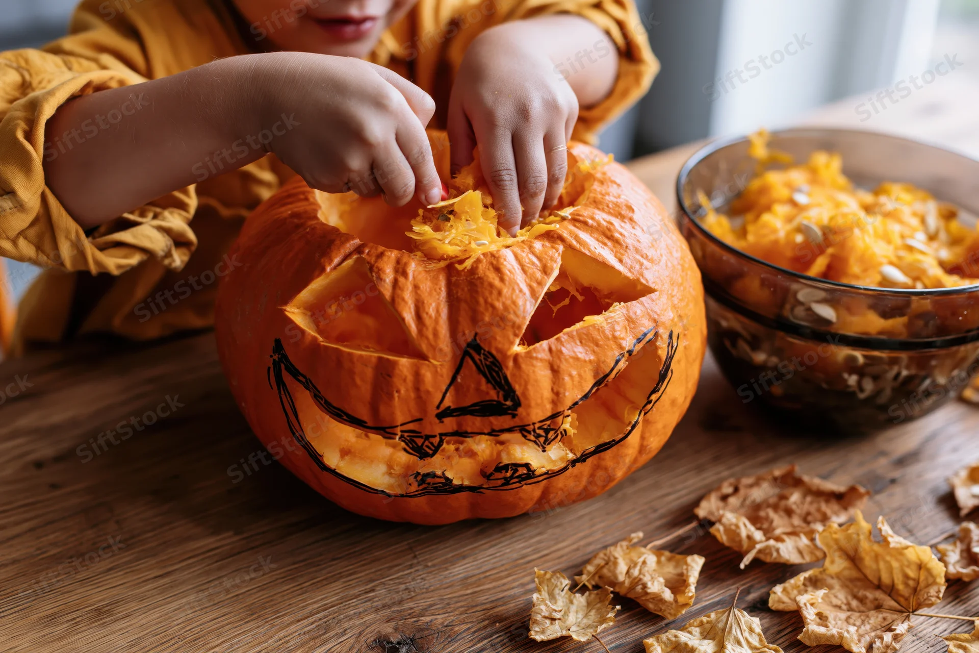 Child scooping out a carved halloween pumpkin on a wooden table with dried leaves and a bowl of seeds nearby