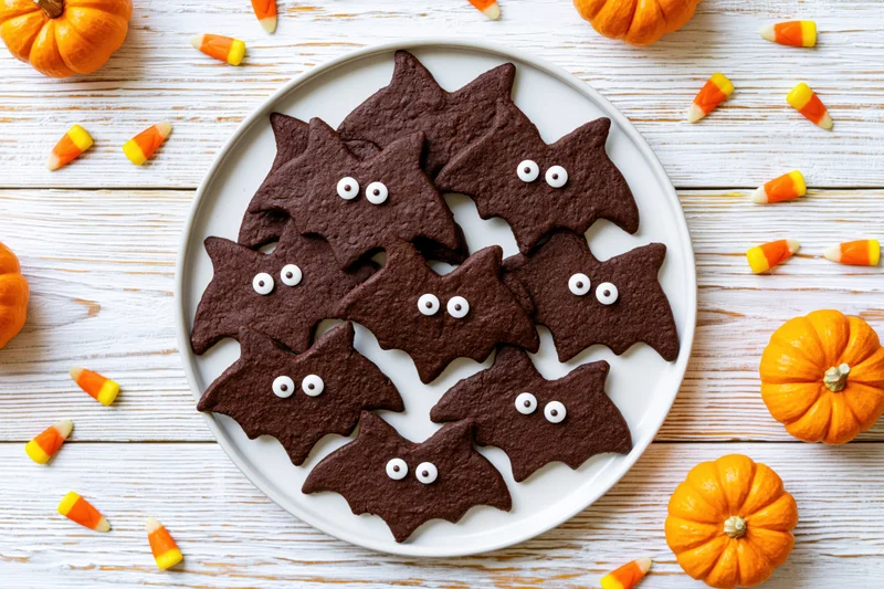 Chocolate bat-shaped cookies with white candy eyes on a white plate surrounded by pumpkins and candy corn on a wooden surface