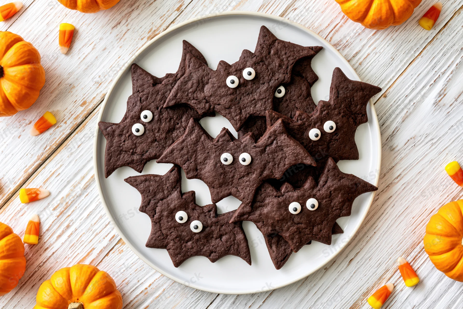 Chocolate bat-shaped cookies with candy eyes on a white plate surrounded by pumpkins and candy corn on a wooden surface