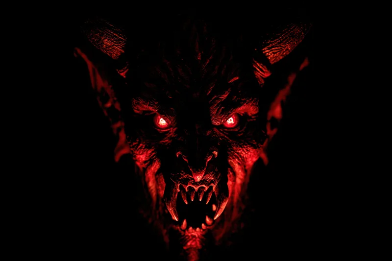 Close-up of a demonic latex mask with glowing red eyes and sharp teeth against a dark background