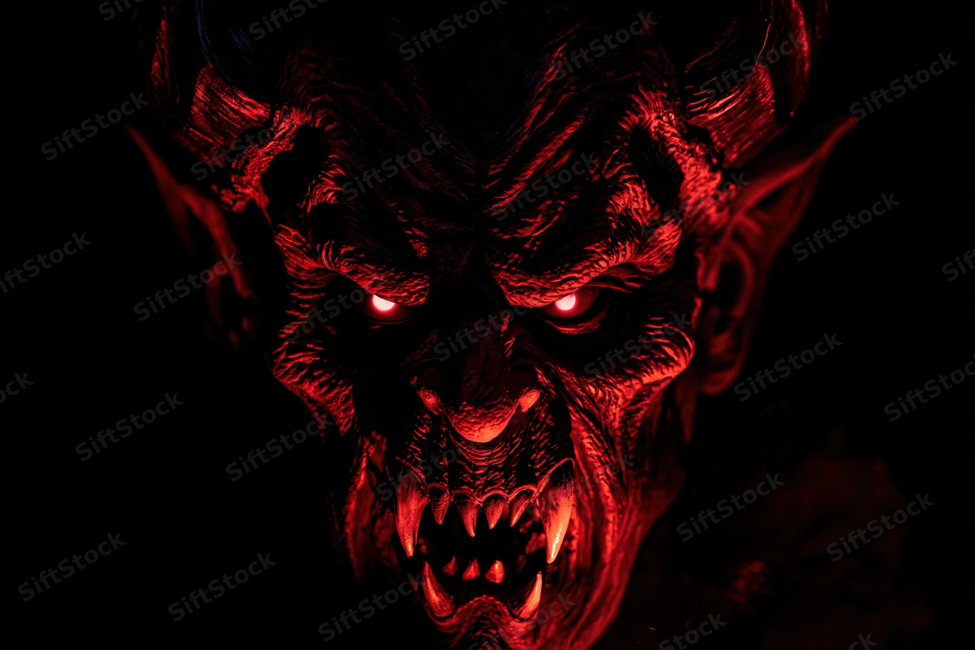 Close-up of a demonic latex mask with glowing red eyes and sharp fangs in dark lighting