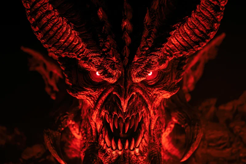 Close-up of a demonic latex mask with glowing red eyes and sharp fangs